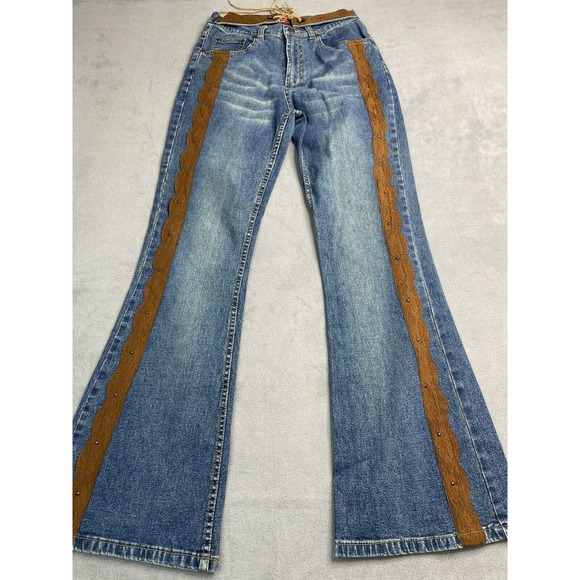 Out Fit Denim - Vintage Y2K Jeans Womens 26 Flare Lace Belted Hippie Boho Festival Stretch Denim